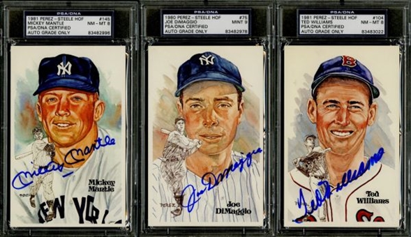 Lot of (3) Signed Perez Steele Post Cards - Mickey Mantle, Joe DiMaggio and Ted Williams 